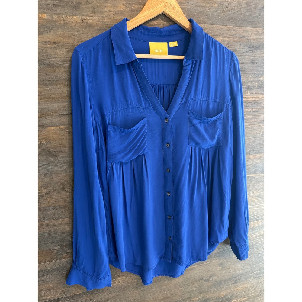 Maeve Anthropologie Royal Blue Button Down Blouse Pleated Pockets Medium